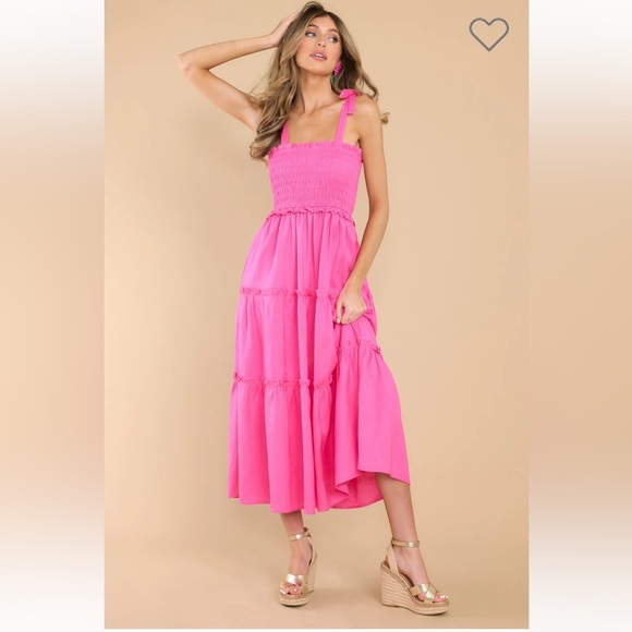 NEW Pink Smocked Midi Dress - Picture 6 of 7